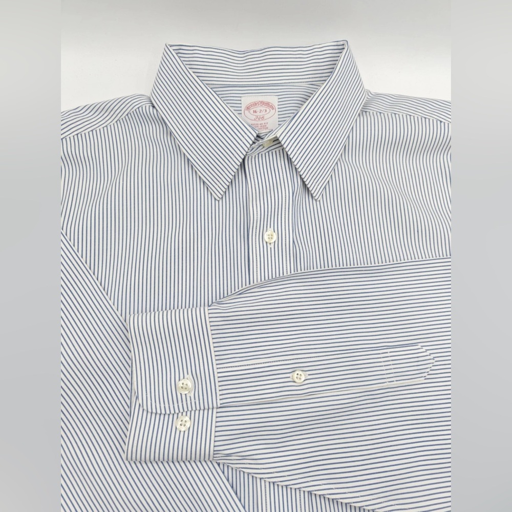Brooks Brothers 346 Shirt 16-33 Blue & WhiteStripe Non-Iron Cotton Pocket Button